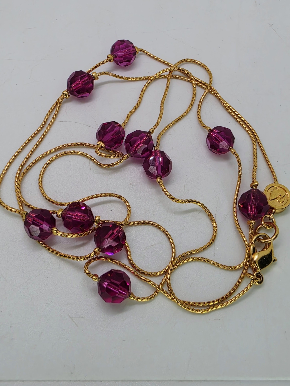 Swarovski Vtg Gold Tone Fuchsia Magenta Crystal Bead Station Necklace 34" Layer